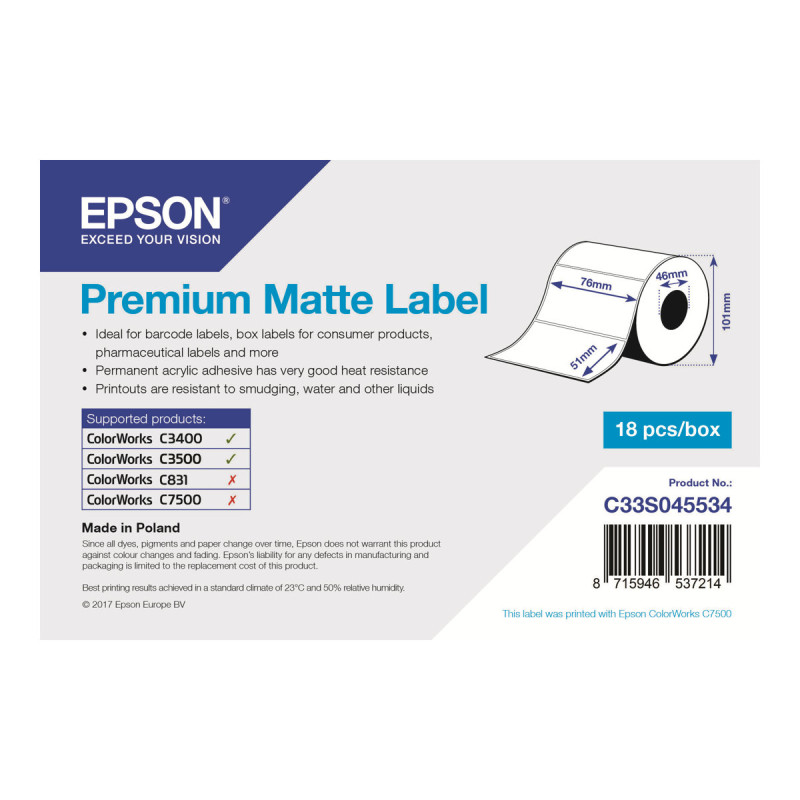 Epson C33S045534 - Premium Matte Label-die-cu 76MM X 51MM | APLIUM