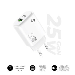 SUBBLIM Cargador GaN 25 W USB-C PD 3.0 + PPS & USB-A QC 3.0, | APLIUM