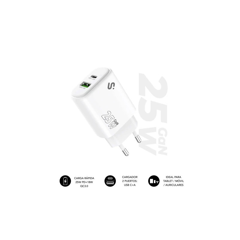 SUBBLIM Cargador GaN 25 W USB-C PD 3.0 + PPS & USB-A QC 3.0, | APLIUM