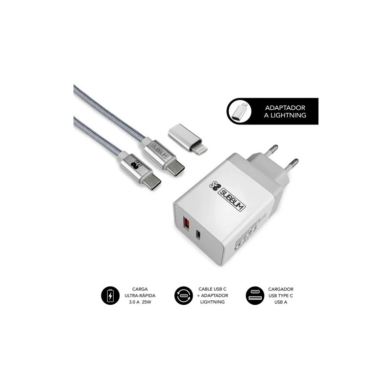 SUBBLIM CARGADOR ULTRA RAPIDO 2xUSB DE PARED PD25W+QC3.0+Cab | APLIUM