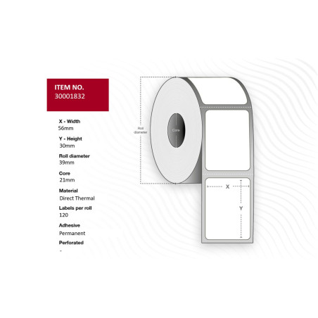 Label 56x30, Core 21 ? 39 mm.
