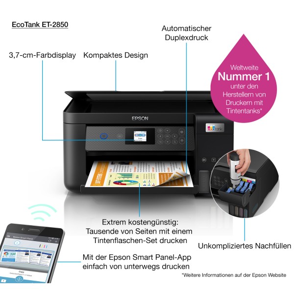 Epson EcoTank Impresora multifunción ET-2850 A4 con depósito de tinta, conexión Wi-Fi, Inyección de tinta, Impresión a color, 57