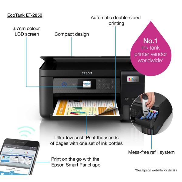 Epson EcoTank Impresora multifunción ET-2850 A4 con depósito de tinta, conexión Wi-Fi, Inyección de tinta, Impresión a color, 57