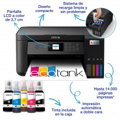 Epson EcoTank Impresora multifunción ET-2850 A4 con depósito de tinta, conexión Wi-Fi, Inyección de tinta, Impresión a color, 57