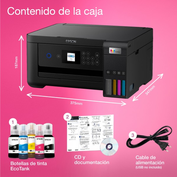 Epson EcoTank Impresora multifunción ET-2850 A4 con depósito de tinta, conexión Wi-Fi, Inyección de tinta, Impresión a color, 57