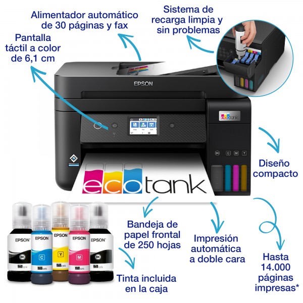 Epson EcoTank Impresora multifunción ET-4850 A4 con depósito de tinta, conexión Wi-Fi, Inyección de tinta, Impresión a color, 48