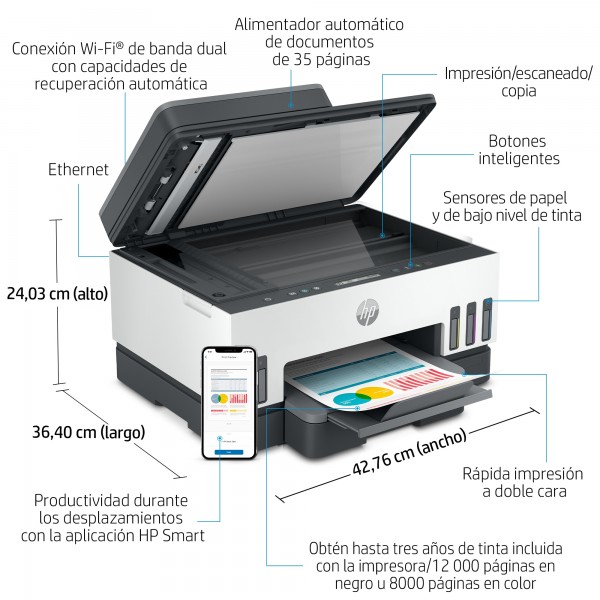 HP Smart Tank Impresora multifunción 7305, Inyección de tinta térmica, Impresión a color, 4800 x 1200 DPI, A4, Impresión directa