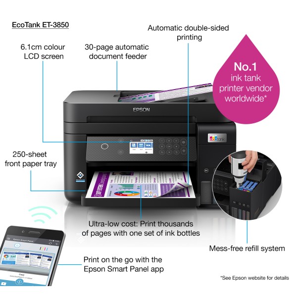 Epson EcoTank Impresora multifunción ET-3850 A4 con depósito de tinta, conexión Wi-Fi, Inyección de tinta, Impresión a color, 48