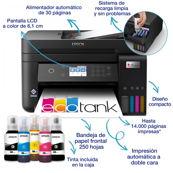 Epson EcoTank Impresora multifunción ET-3850 A4 con depósito de tinta, conexión Wi-Fi, Inyección de tinta, Impresión a color, 48