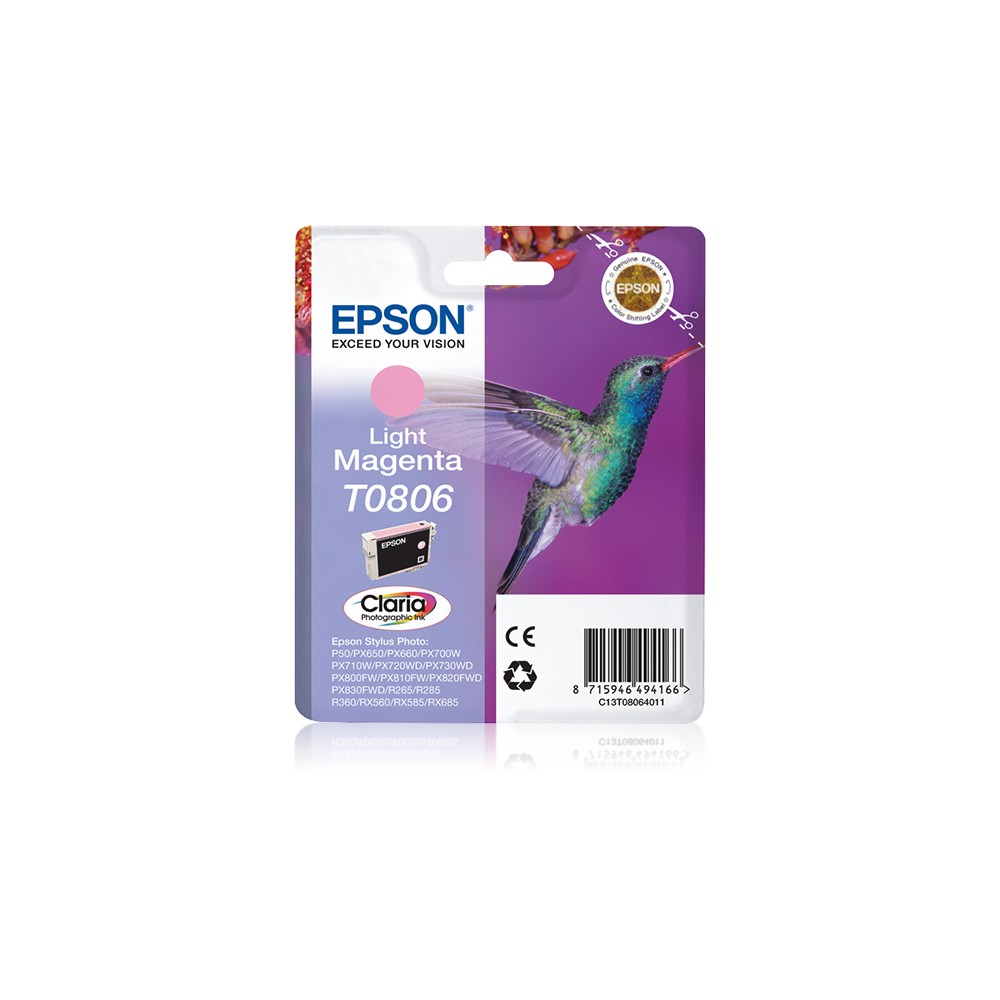 Epson Hummingbird Cartucho T0806 magenta claro (etiqueta RF), Magenta claro, Tinta a base de pigmentos, 1 pieza(s)