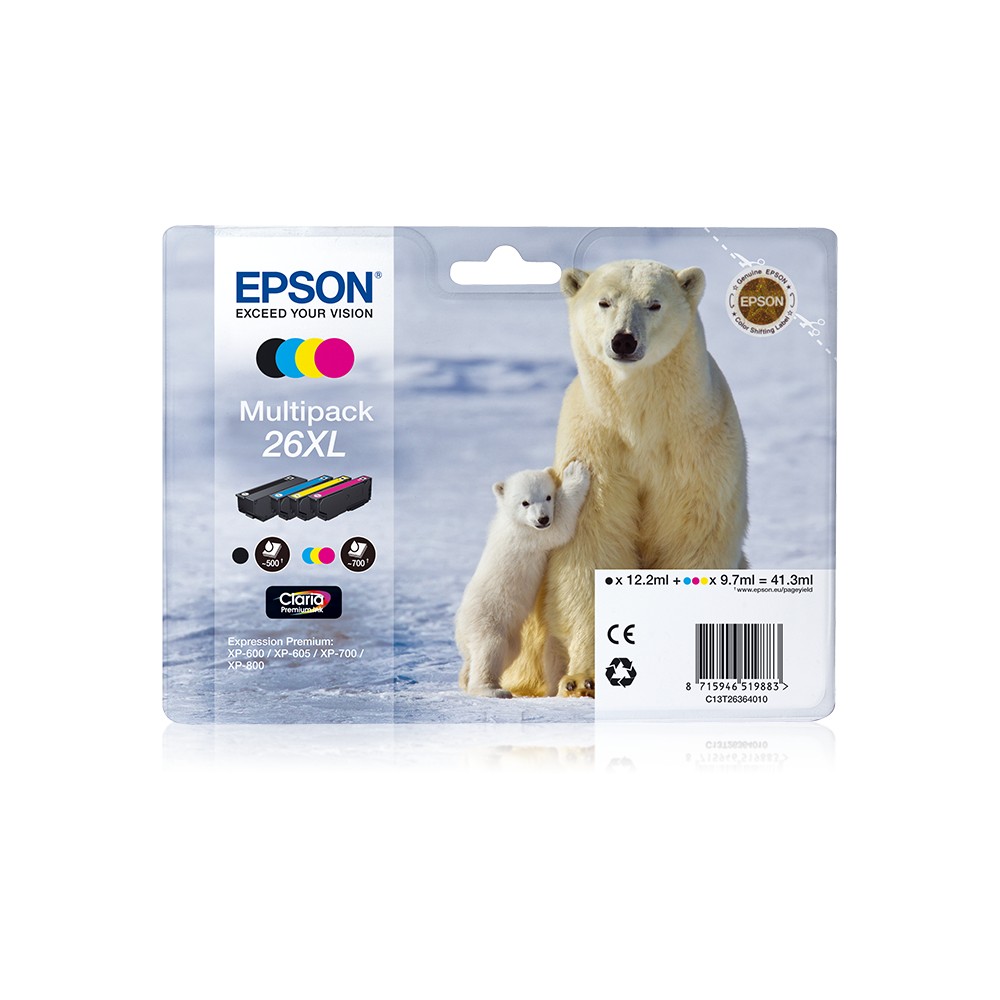 Epson Polar bear Multipack 26XL 4 colores, Negro, Cian, Magenta, Amarillo, Tinta a base de pigmentos, Tinta a base de colorante,