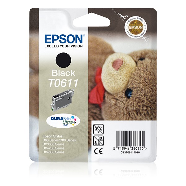 Epson Teddybear Cartucho T0611 negro (etiqueta RF), Negro, Tinta a base de pigmentos, 1 pieza(s)