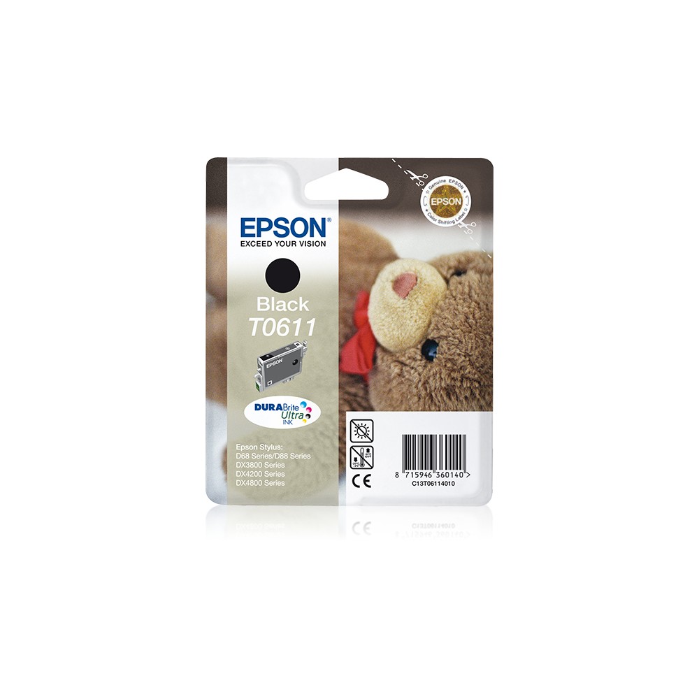 Epson Teddybear Cartucho T0611 negro (etiqueta RF), Negro, Tinta a base de pigmentos, 1 pieza(s)