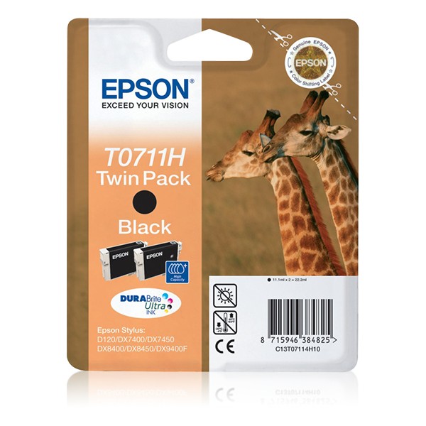 Epson Giraffe Doble juego de cartuchos Negro T0711H Tintas DURABrite Ultra, Negro, Tinta a base de pigmentos, 1 pieza(s), Multip