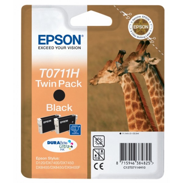 Epson Giraffe Doble juego de cartuchos Negro T0711H Tintas DURABrite Ultra, Negro, Tinta a base de pigmentos, 1 pieza(s), Multip