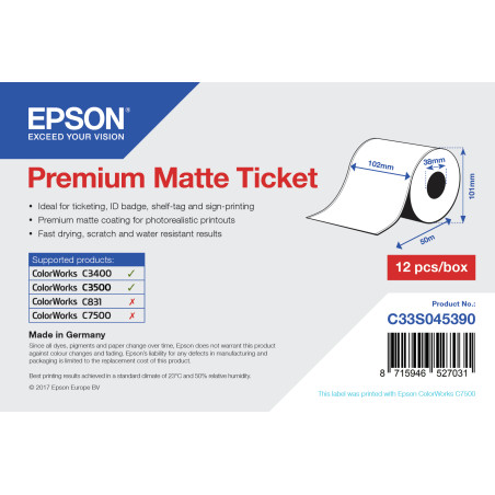 Label/Prem Matte Ticket Roll 102mmx50m