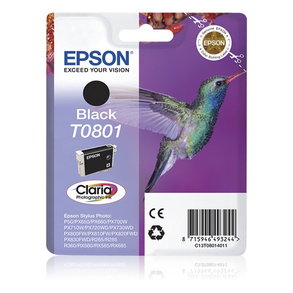 Epson Hummingbird Cartucho T0801 negro (etiqueta RF), Negro, Tinta a base de pigmentos, 1 pieza(s)