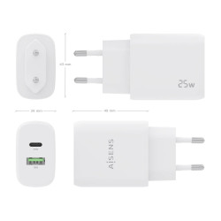 Cargador de Pared Aisens A110-0758/ 1xUSB Tipo-C/ 1xUSB/ 25W | APLIUM