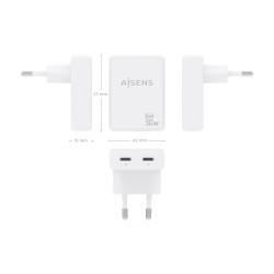Cargador de Pared GaN Aisens ASCH-30W2P075-W/ 2xUSB Tipo-C/ | APLIUM