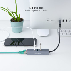 Hub USB 3.0 Nanocable 10.03.0407/ 3xUSB/ 1xRJ45/ Gris | APLIUM