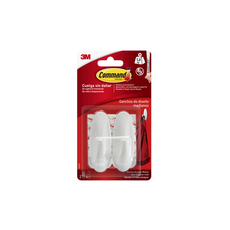 Blister 2 Ganchos Adhesivos Blanco Medianos Hasta 1,3KG Comm | APLIUM