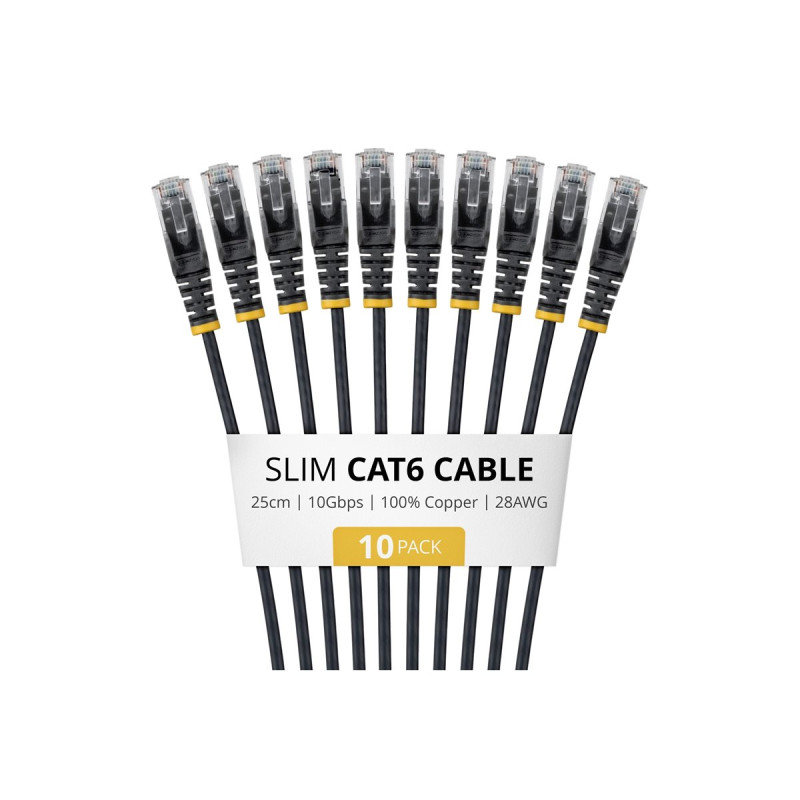 Paquete 10 Cables Delgados CAT6 Snagless 25CM Lszh Negro | APLIUM