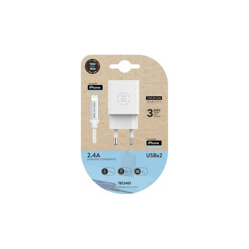 Cargador de Pared Tech One Tech TEC2402/ 2xUSB + Cable Light | APLIUM