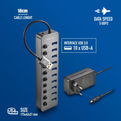 Hub USB NGS IHUB10/ 10xUSB 3.0/ Gris | APLIUM
