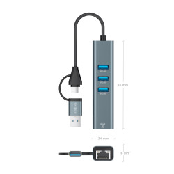 Hub USB + USB Tipo-C 3.2 Aisens A109-1033/ 3xUSB/ 1xRJ45/ Gr | APLIUM