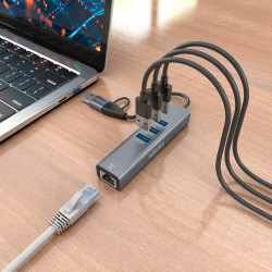 Hub USB + USB Tipo-C 3.2 Aisens A109-1033/ 3xUSB/ 1xRJ45/ Gr | APLIUM