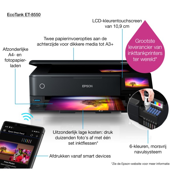 Epson EcoTank ET-8550, Inyección de tinta, Impresión a color, 5760 x 1440 DPI, A3, Impresión directa, Negro