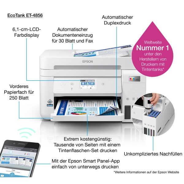 Epson EcoTank Impresora multifunción ET-4856 A4 con depósito de tinta, conexión Wi-Fi, Inyección de tinta, Impresión a color, 48