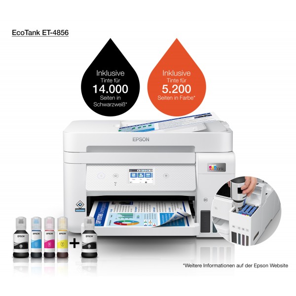 Epson EcoTank Impresora multifunción ET-4856 A4 con depósito de tinta, conexión Wi-Fi, Inyección de tinta, Impresión a color, 48