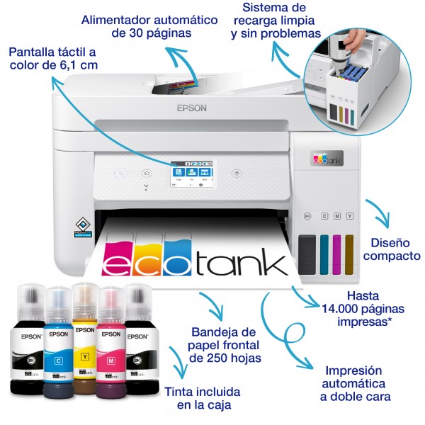 Epson EcoTank Impresora multifunción ET-4856 A4 con depósito de tinta, conexión Wi-Fi, Inyección de tinta, Impresión a color, 48