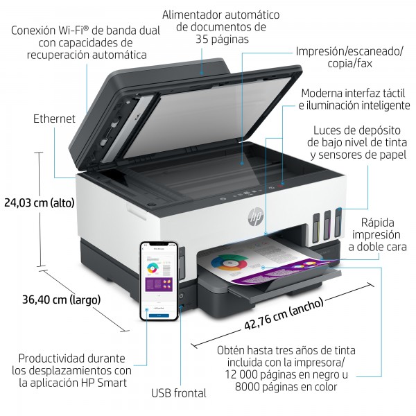 HP Smart Tank Impresora multifunción 7605, Inyección de tinta térmica, Impresión a color, 4800 x 1200 DPI, A4, Impresión directa