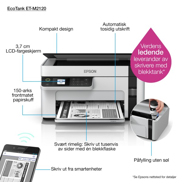 Epson EcoTank ET-M2120, Inyección de tinta, Impresión en blanco y negro, 1440 x 720 DPI, A4, Impresión directa, Negro, Blanco