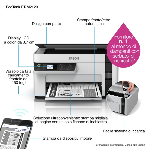 Epson EcoTank ET-M2120, Inyección de tinta, Impresión en blanco y negro, 1440 x 720 DPI, A4, Impresión directa, Negro, Blanco