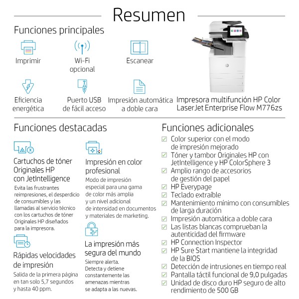 HP Color LaserJet Enterprise Flow Impresora multifunción M776zs, Impresora, copiadora, escáner y fax, Impresión a doble cara; Es