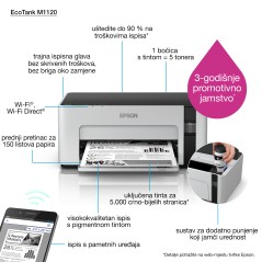 Epson EcoTank ET-M1120, 1440 x 720 DPI, A4, 15000 páginas por mes, 32 ppm, Negro, Gris