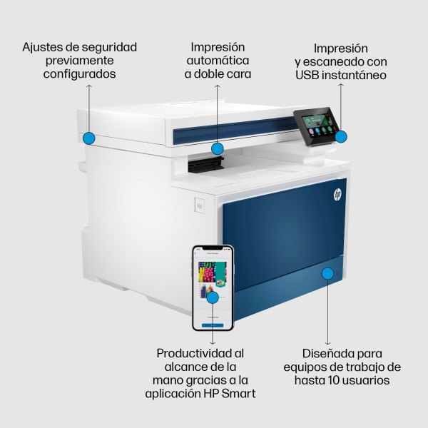 HP Color LaserJet Pro Impresora multifunción 4302dw, Laser, Impresión a color, 600 x 600 DPI, A4, Impresión directa, Azul, Blanc