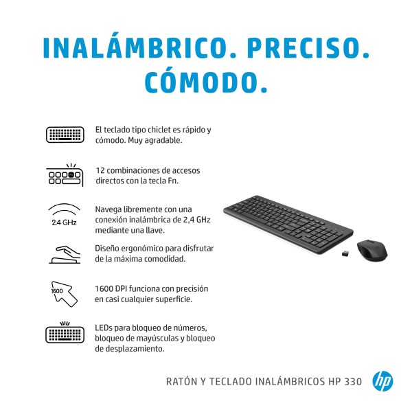 HP Combinación de teclado y ratón inalámbricos 330, Completo (100%), Inalámbrico, RF inalámbrico, Negro, Ratón incluido