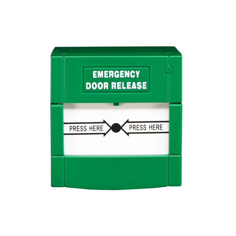 Pulsador de emergencia verde reiniciable adecuado para puertas de sali