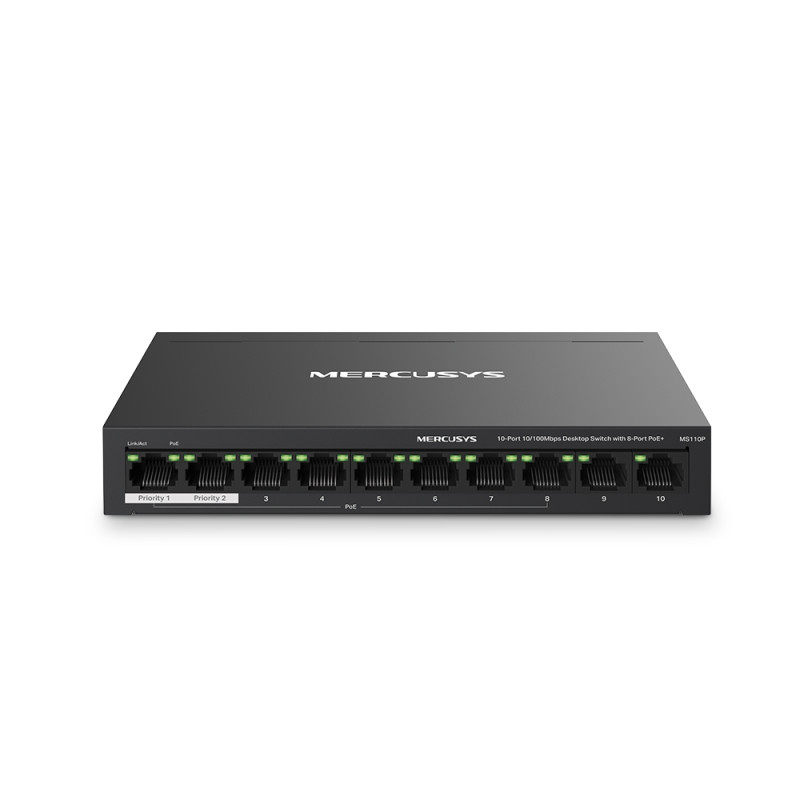 Switch Fast Ethernet Mercusys de 10 puertos con 8 PoE+