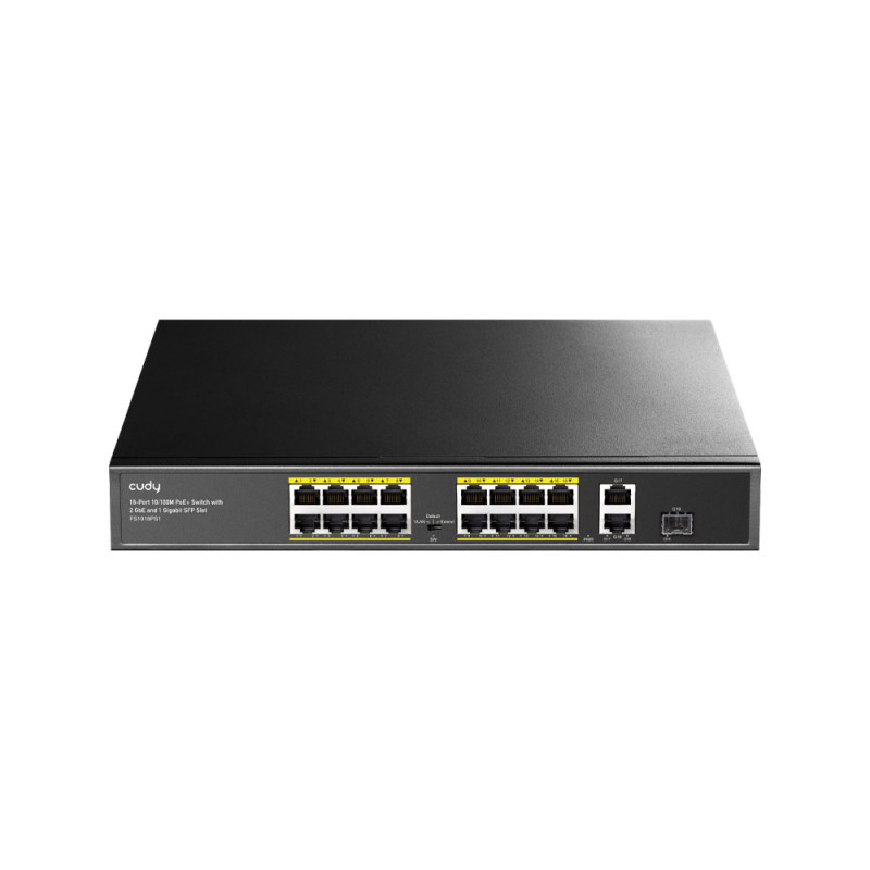 Switch PoE+ Cudy de 16 puertos 10/100M con 2 uplinks Gigabit y 1 SFP
