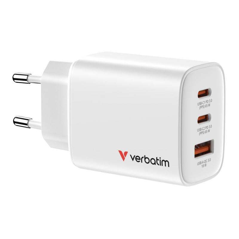 Cargador de Pared GaN Verbatim Essentials/ 2xUSB Tipo-C/ 1xUSB/ 65W