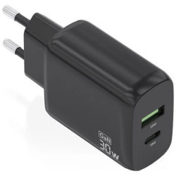 Cargador de Pared GaN Aisens A110-0924/ 1xUSB Tipo-C/ 1xUSB/ 30W/ Negr
