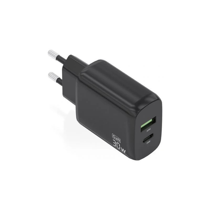 Cargador de Pared GaN Aisens A110-0924/ 1xUSB Tipo-C/ 1xUSB/ 30W/ Negr