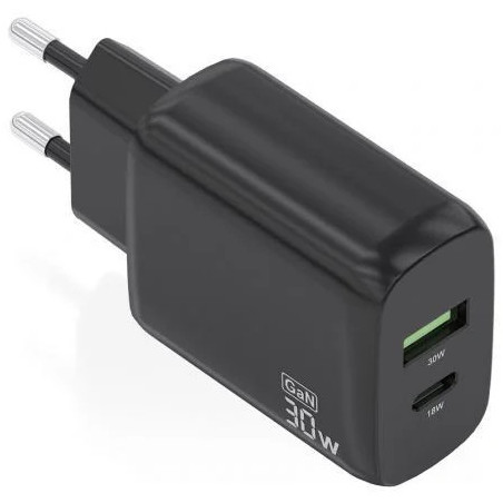 Cargador de Pared GaN Aisens A110-0924/ 1xUSB Tipo-C/ 1xUSB/ 30W/ Negr