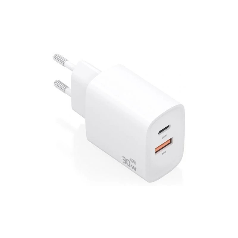 Cargador de Pared GaN Aisens A110-0952/ 1xUSB Tipo-C/ 1xUSB/ 30W/ Blan