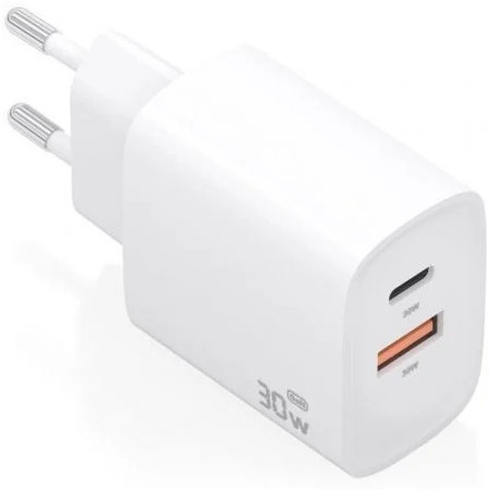 Cargador de Pared GaN Aisens A110-0952/ 1xUSB Tipo-C/ 1xUSB/ 30W/ Blan